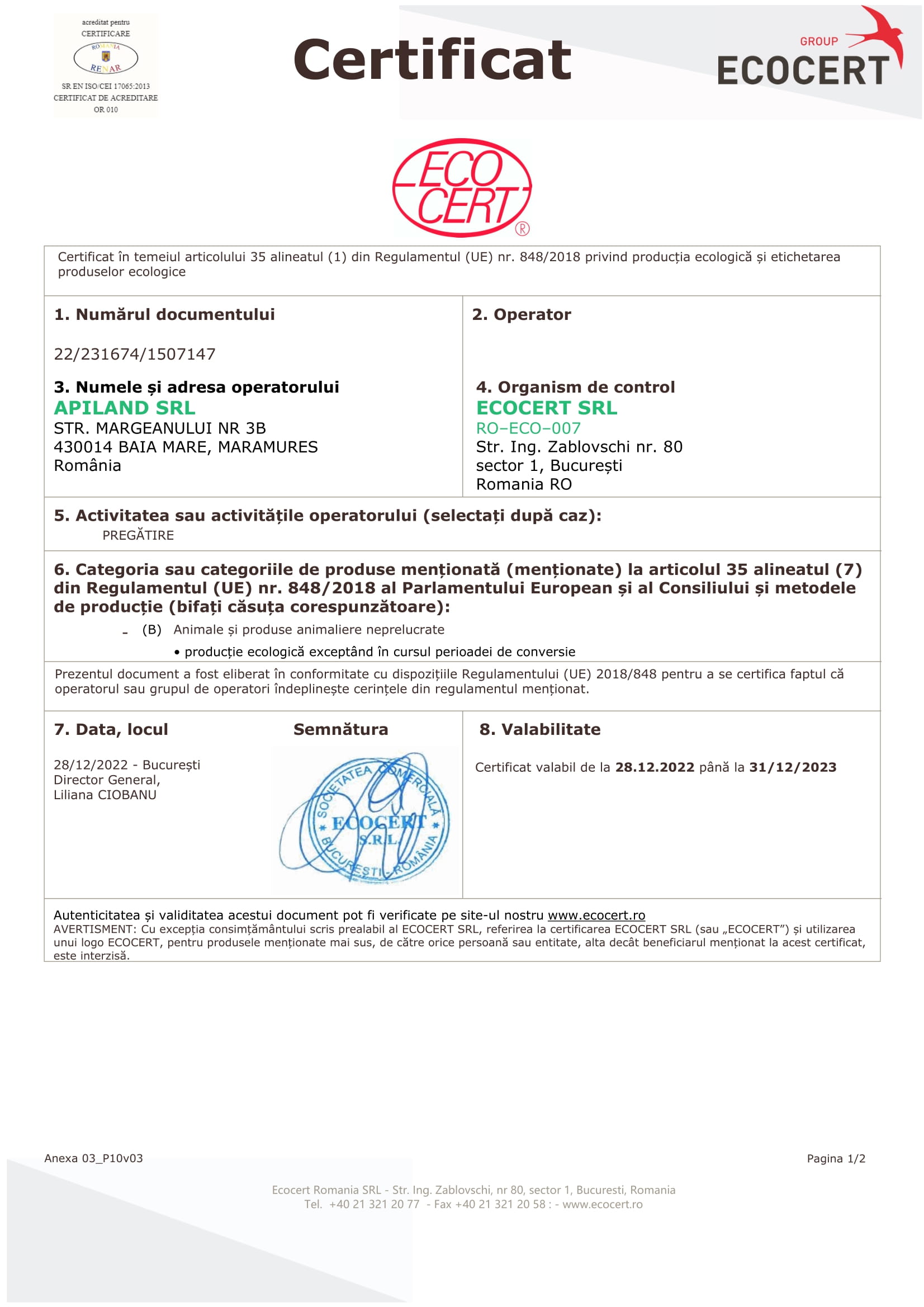 Certificat Ecocert ApiLand